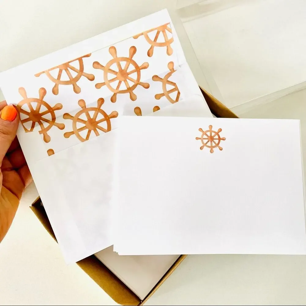2NEW ANTHROPOLOGIE White Tan Illustrated Sail Wheel Nautical Card Notecards s/10